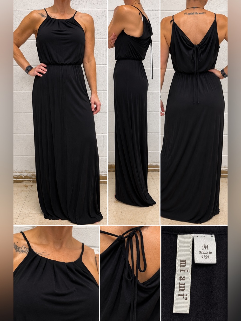Miami Black Maxi Dress Size M Made in USA Tie Strap Long Dress